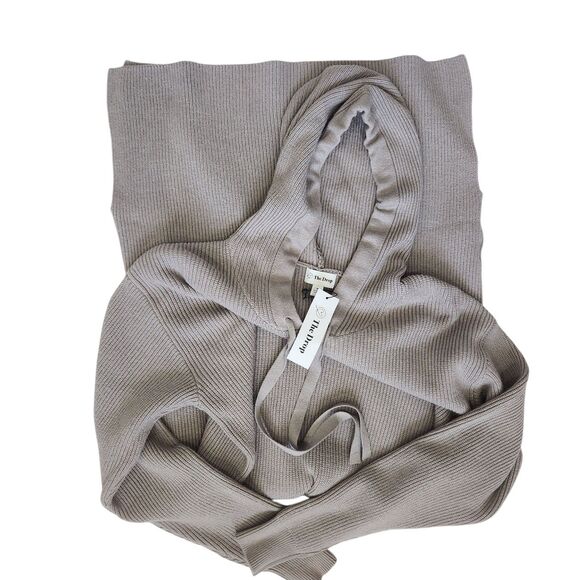 The Drop Rib Knit Midi Sweater Dress-Hooded-M-Taupe-Slit-Quiet Luxury-Scandi-NWT - Picture 7 of 13